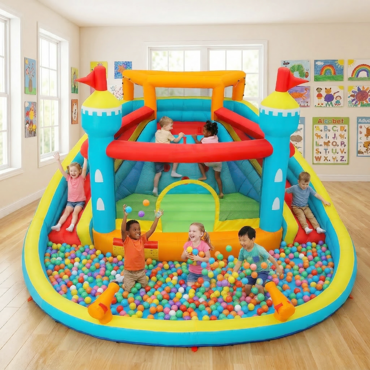 KRISRATE Inflatable Water Slide Bounce House with Dual Slides & Climbing Wall, Large Wet Dry Bouncy Castle w/Splash Pool, Water Sprayers & 520W Blower