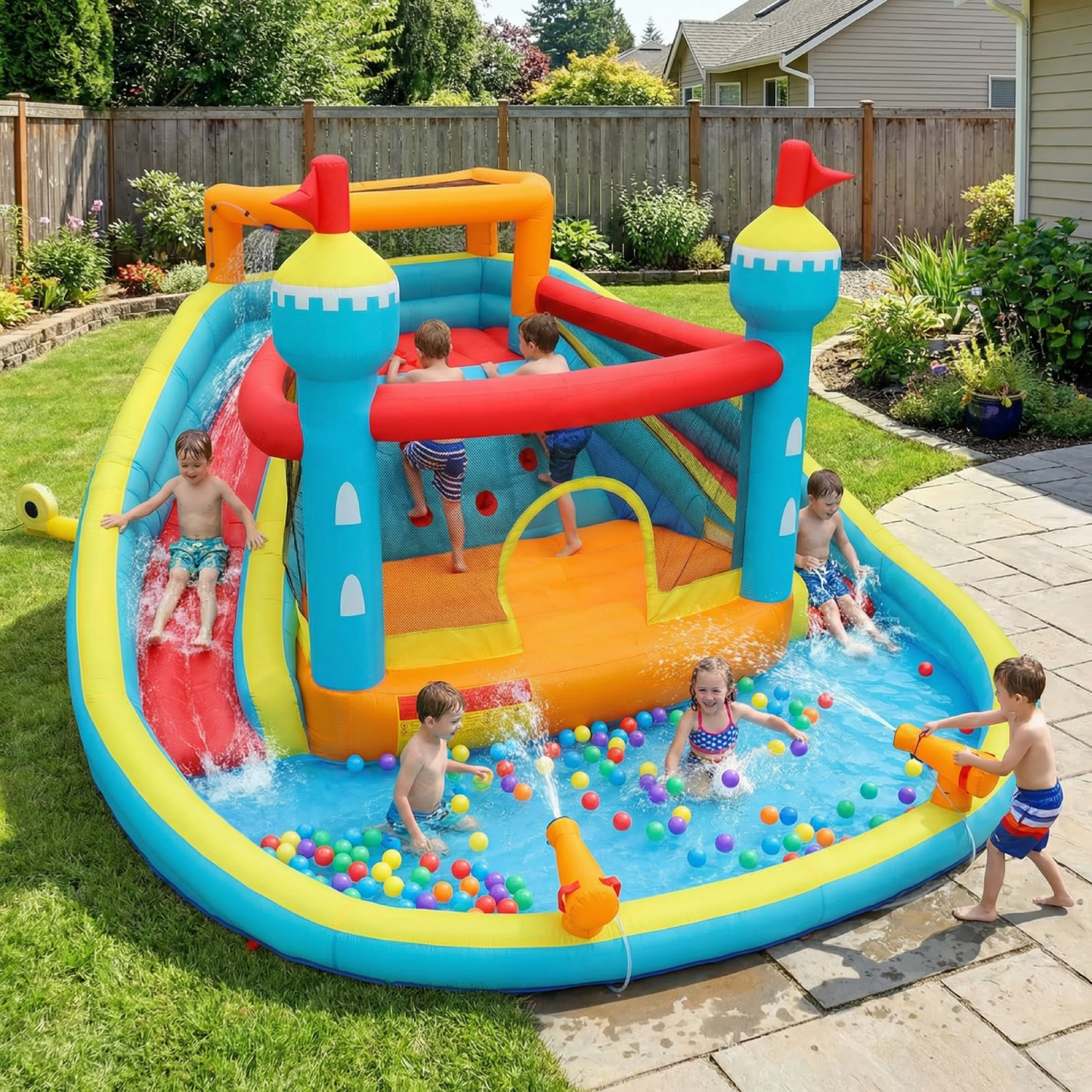 KRISRATE Inflatable Water Slide Bounce House with Dual Slides & Climbing Wall, Large Wet Dry Bouncy Castle w/Splash Pool, Water Sprayers & 520W Blower
