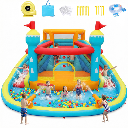 KRISRATE Inflatable Water Slide Bounce House with Dual Slides & Climbing Wall, Large Wet Dry Bouncy Castle w/Splash Pool, Water Sprayers & 520W Blower
