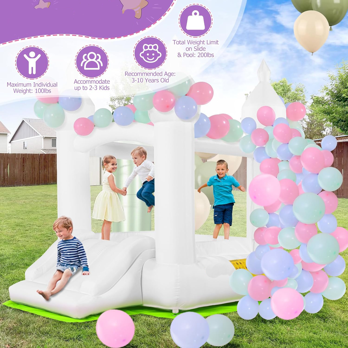 White Inflatable Bounce House with Slide & Blower, 101"x70"x97" Bouncy Castle for Kids Indoor Outdoor Birthday Wedding Party w/ Balloons & Floor Mat