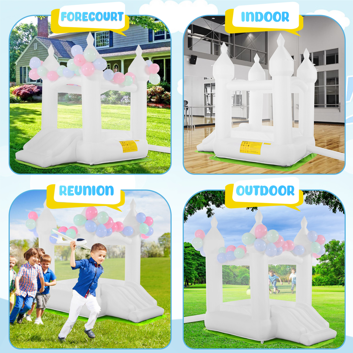White Inflatable Bounce House with Slide & Blower, 101"x70"x97" Bouncy Castle for Kids Indoor Outdoor Birthday Wedding Party w/ Balloons & Floor Mat