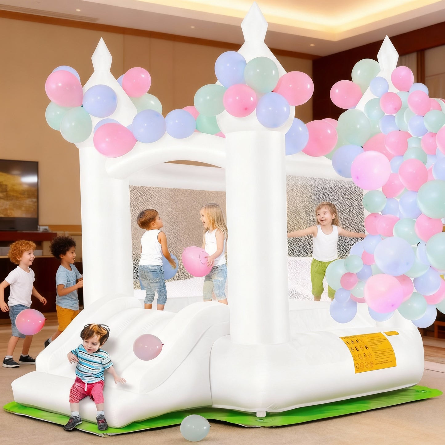 White Inflatable Bounce House with Slide & Blower, 101"x70"x97" Bouncy Castle for Kids Indoor Outdoor Birthday Wedding Party w/ Balloons & Floor Mat