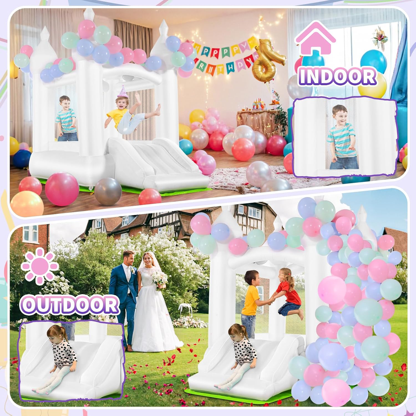 White Inflatable Bounce House with Slide & Blower, 101"x70"x97" Bouncy Castle for Kids Indoor Outdoor Birthday Wedding Party w/ Balloons & Floor Mat
