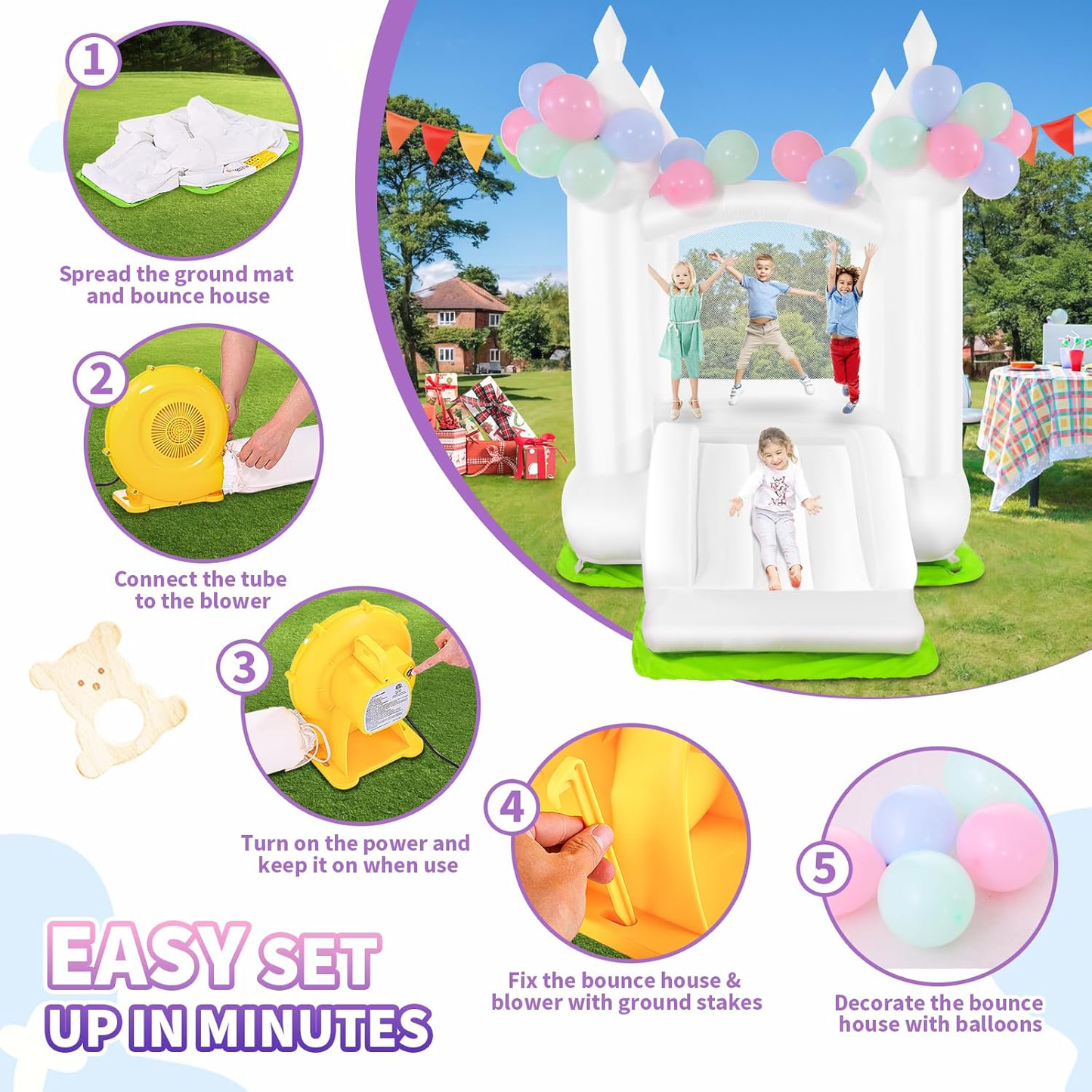 White Inflatable Bounce House with Slide & Blower, 101"x70"x97" Bouncy Castle for Kids Indoor Outdoor Birthday Wedding Party w/ Balloons & Floor Mat