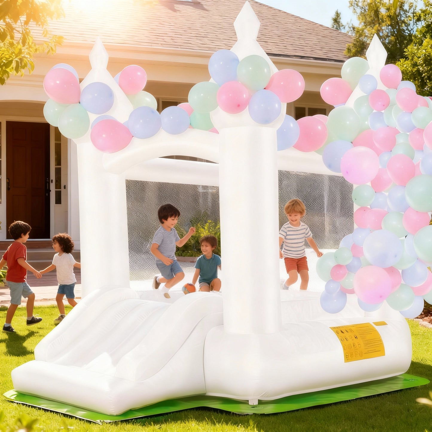 White Inflatable Bounce House with Slide & Blower, 101"x70"x97" Bouncy Castle for Kids Indoor Outdoor Birthday Wedding Party w/ Balloons & Floor Mat