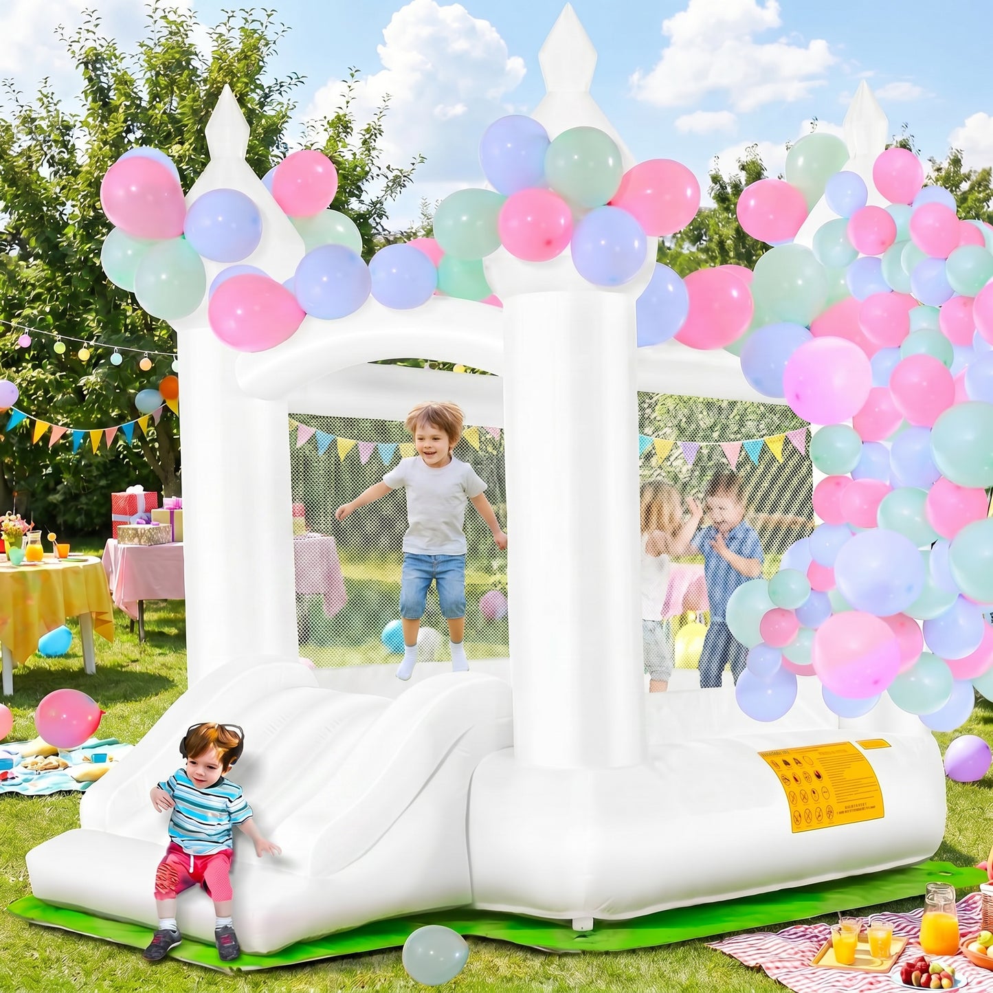 White Inflatable Bounce House with Slide & Blower, 101"x70"x97" Bouncy Castle for Kids Indoor Outdoor Birthday Wedding Party w/ Balloons & Floor Mat