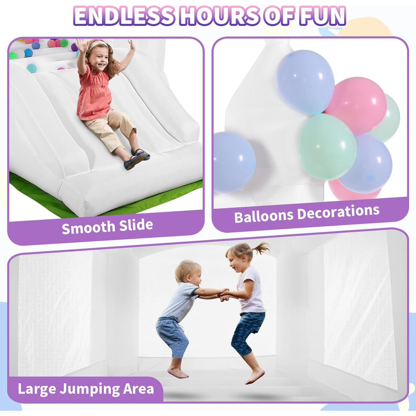 White Inflatable Bounce House with Slide & Blower, 101"x70"x97" Bouncy Castle for Kids Indoor Outdoor Birthday Wedding Party w/ Balloons & Floor Mat