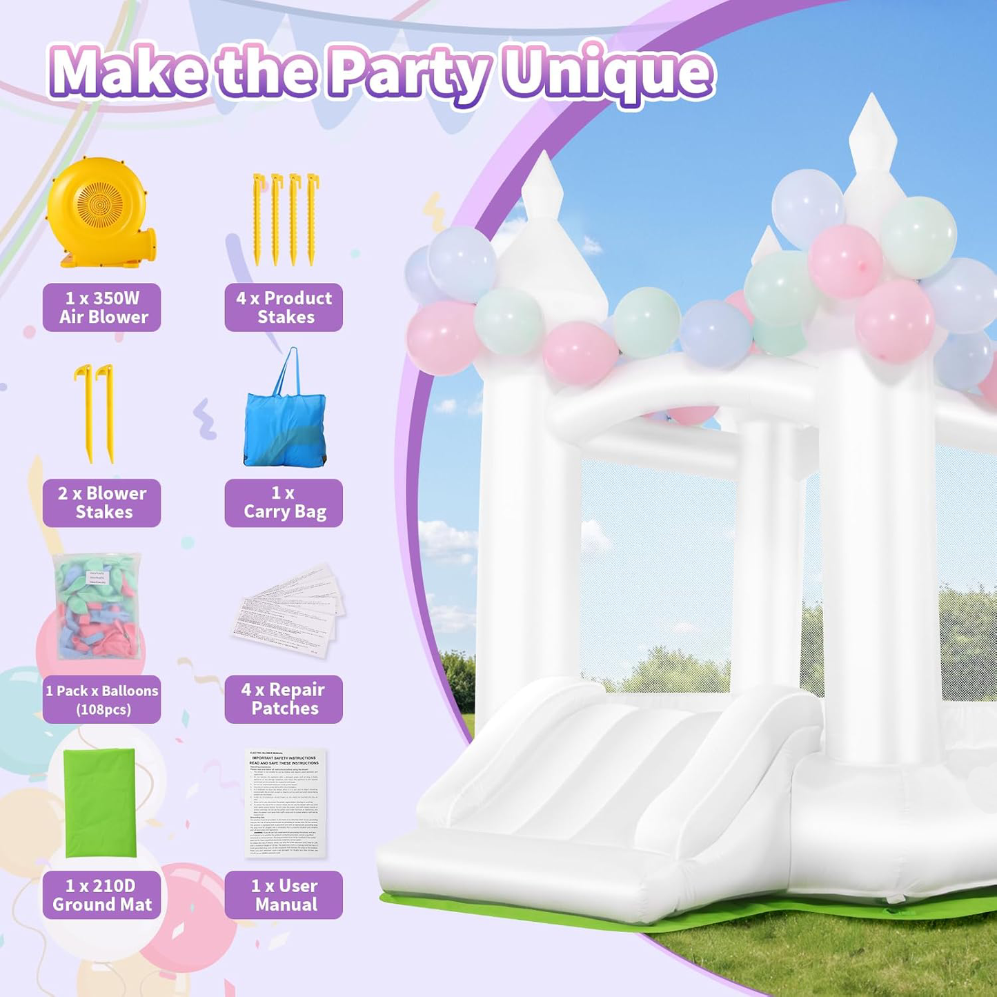 White Inflatable Bounce House with Slide & Blower, 101"x70"x97" Bouncy Castle for Kids Indoor Outdoor Birthday Wedding Party w/ Balloons & Floor Mat