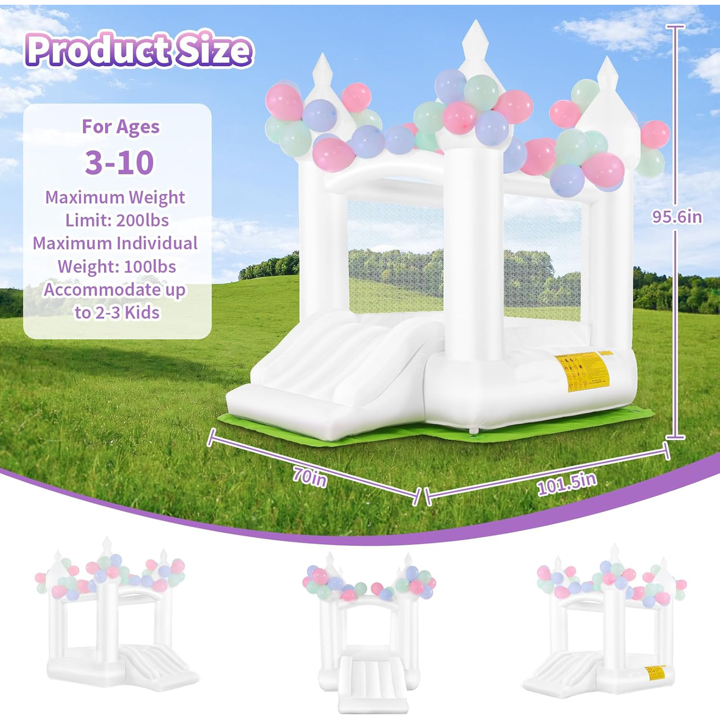 White Inflatable Bounce House with Slide & Blower, 101"x70"x97" Bouncy Castle for Kids Indoor Outdoor Birthday Wedding Party w/ Balloons & Floor Mat