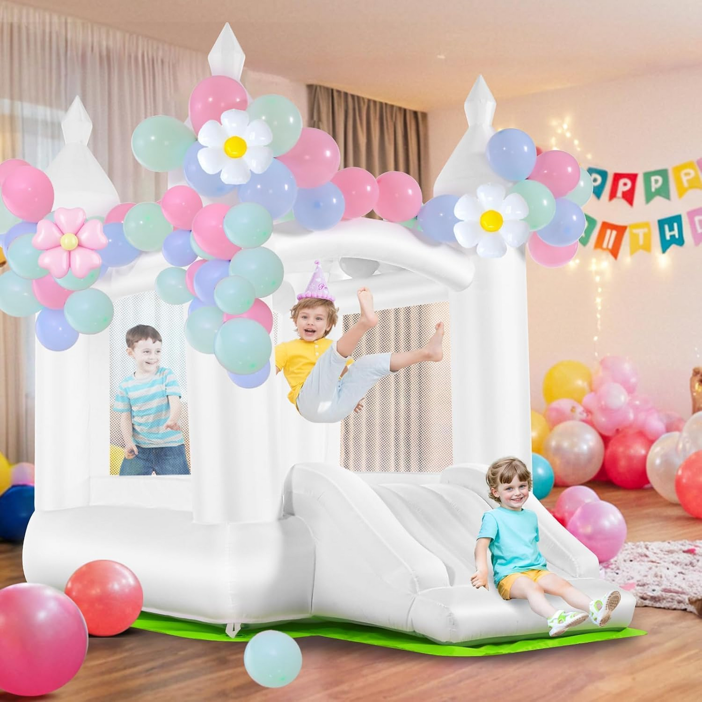 White Inflatable Bounce House with Slide & Blower, 101"x70"x97" Bouncy Castle for Kids Indoor Outdoor Birthday Wedding Party w/ Balloons & Floor Mat