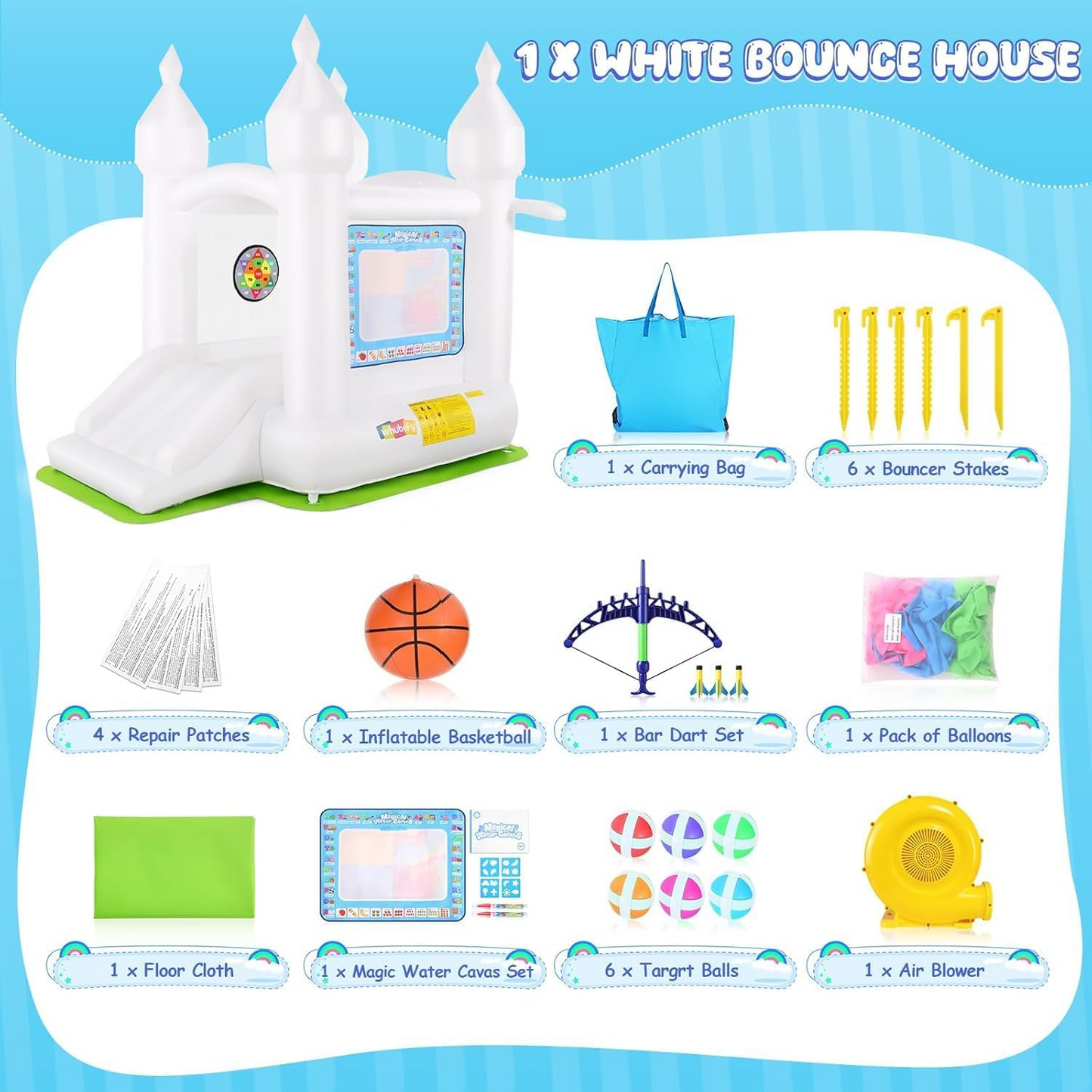 KRISRATE White Inflatable Bounce House with Slide & Blower-Bouncy Castle for Kids Indoor Outdoor Birthday Wedding Party, with Basketball & Activities