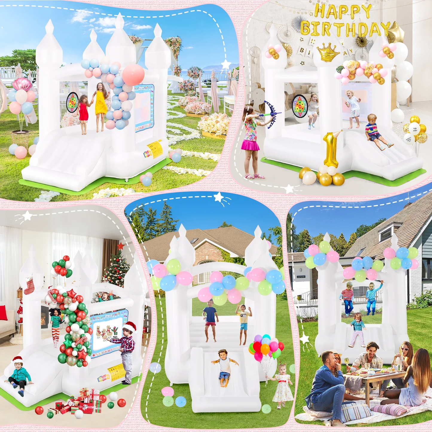 KRISRATE White Inflatable Bounce House with Slide & Blower-Bouncy Castle for Kids Indoor Outdoor Birthday Wedding Party, with Basketball & Activities