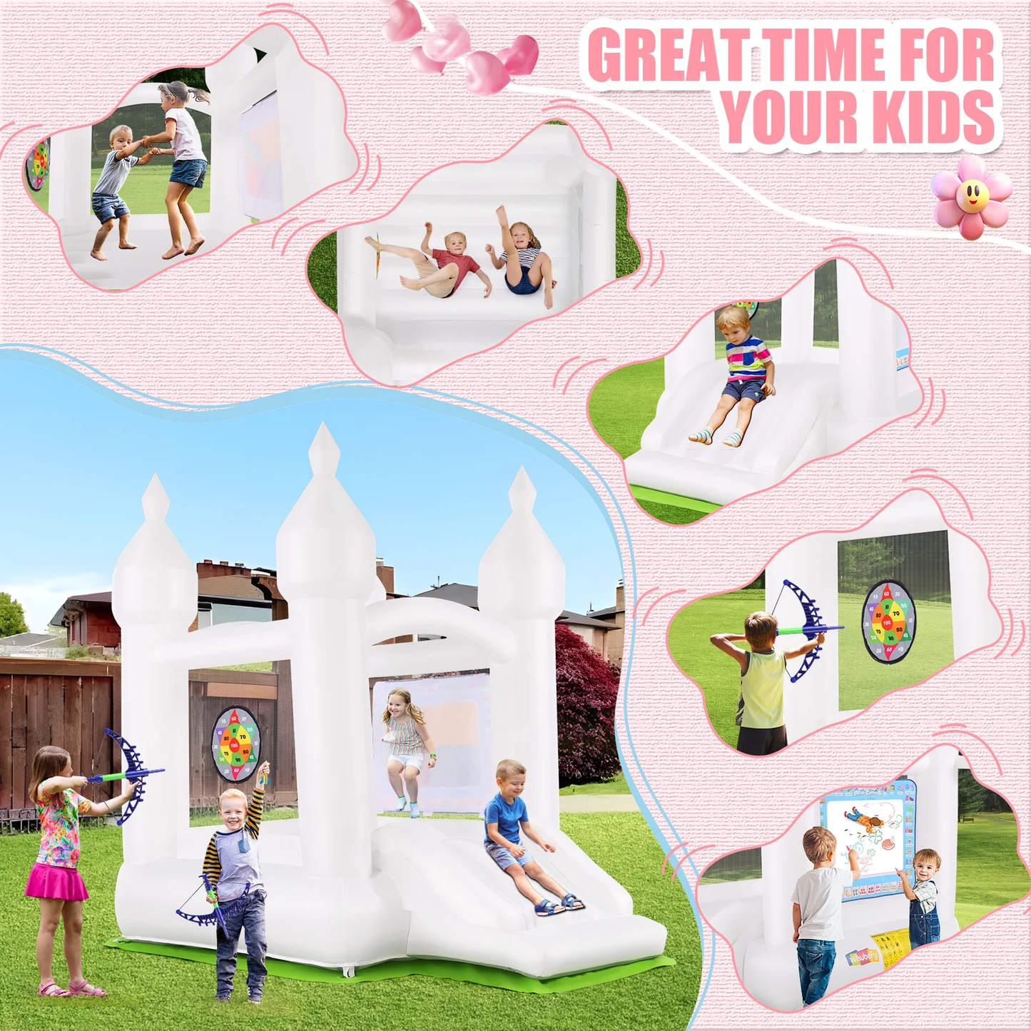 KRISRATE White Inflatable Bounce House with Slide & Blower-Bouncy Castle for Kids Indoor Outdoor Birthday Wedding Party, with Basketball & Activities