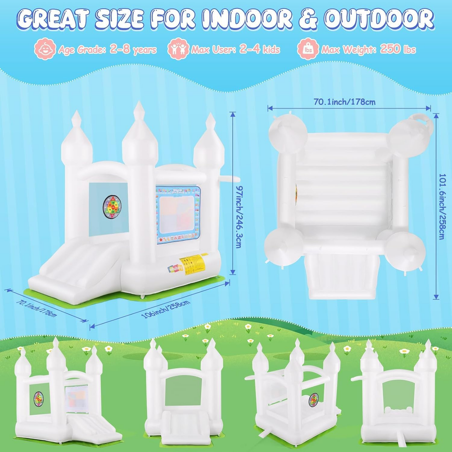 KRISRATE White Inflatable Bounce House with Slide & Blower-Bouncy Castle for Kids Indoor Outdoor Birthday Wedding Party, with Basketball & Activities