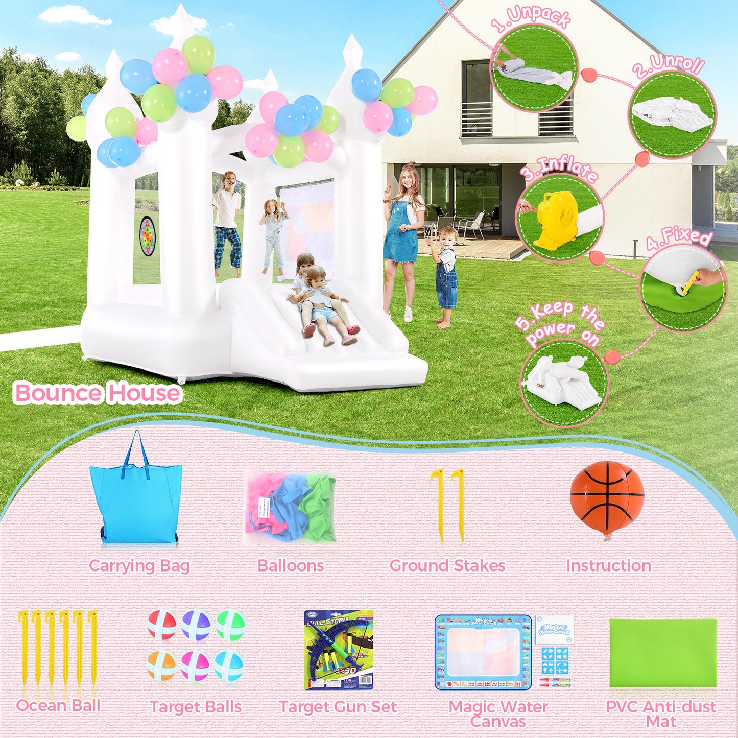 KRISRATE White Inflatable Bounce House with Slide & Blower-Bouncy Castle for Kids Indoor Outdoor Birthday Wedding Party, with Basketball & Activities
