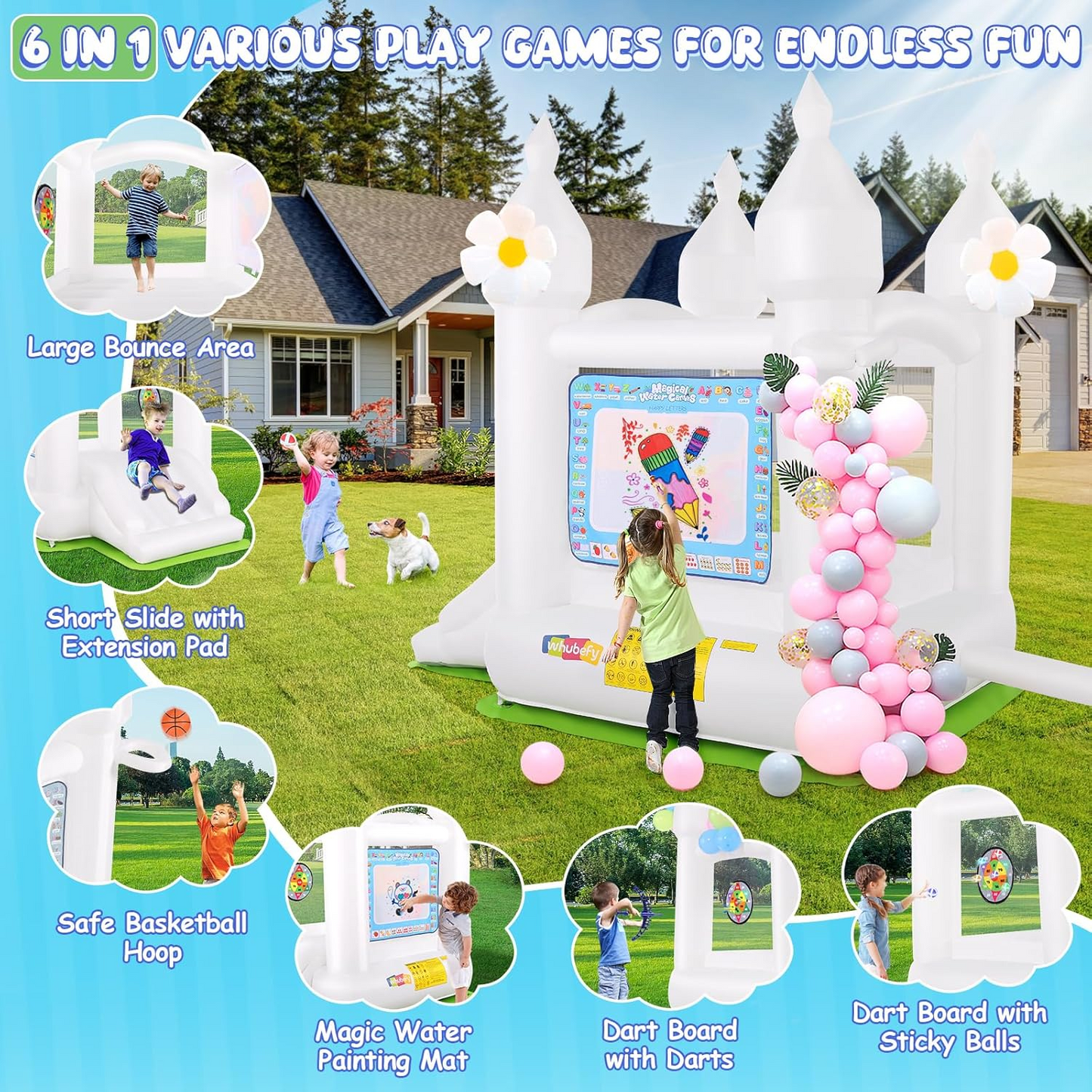 KRISRATE White Inflatable Bounce House with Slide & Blower-Bouncy Castle for Kids Indoor Outdoor Birthday Wedding Party, with Basketball & Activities