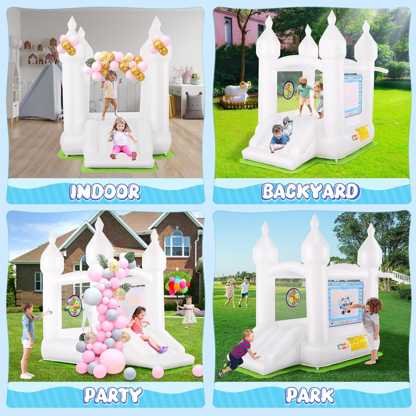 KRISRATE White Inflatable Bounce House with Slide & Blower-Bouncy Castle for Kids Indoor Outdoor Birthday Wedding Party, with Basketball & Activities