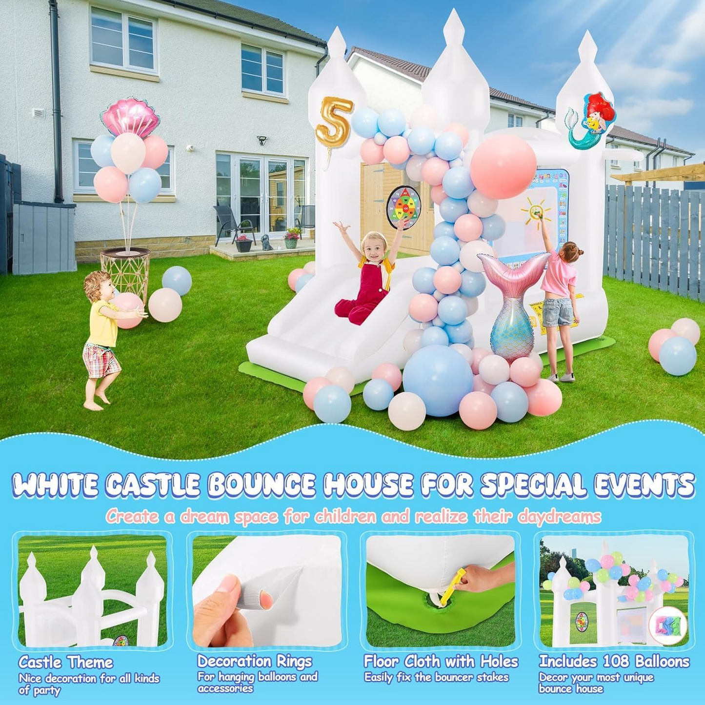 KRISRATE White Inflatable Bounce House with Slide & Blower-Bouncy Castle for Kids Indoor Outdoor Birthday Wedding Party, with Basketball & Activities