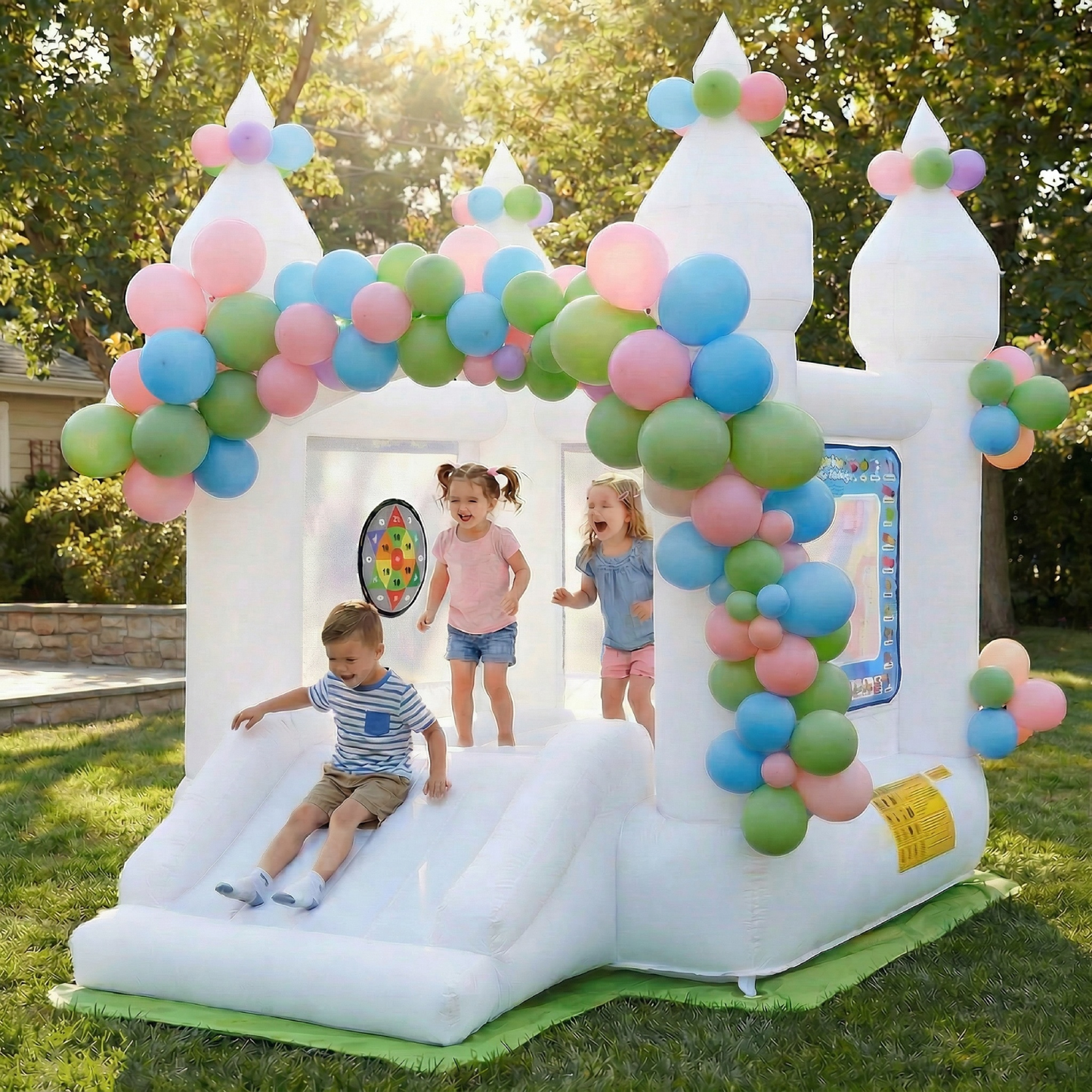 KRISRATE White Inflatable Bounce House with Slide & Blower-Bouncy Castle for Kids Indoor Outdoor Birthday Wedding Party, with Basketball & Activities