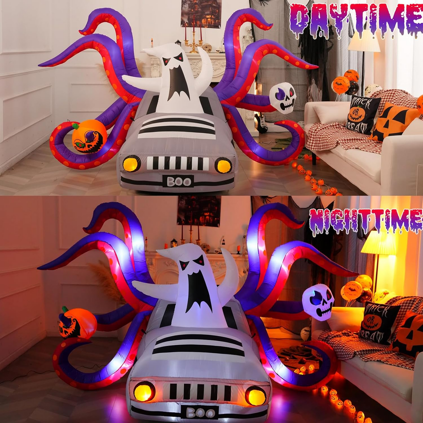 KRISRATE 10FT Halloween Inflatable Octopus Car with 8 Tentacles, LED Ghost Pumpkin Skull, Outdoor Indoor Yard Party Haunted House Decoration