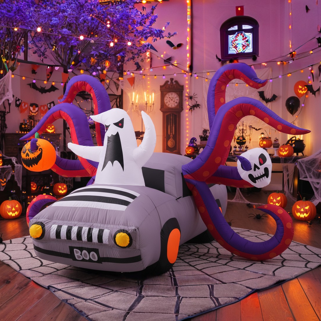 KRISRATE 10FT Halloween Inflatable Octopus Car with 8 Tentacles, LED Ghost Pumpkin Skull, Outdoor Indoor Yard Party Haunted House Decoration