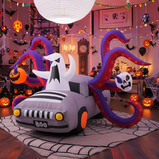 KRISRATE 10FT Halloween Inflatable Octopus Car with 8 Tentacles, LED Ghost Pumpkin Skull, Outdoor Indoor Yard Party Haunted House Decoration
