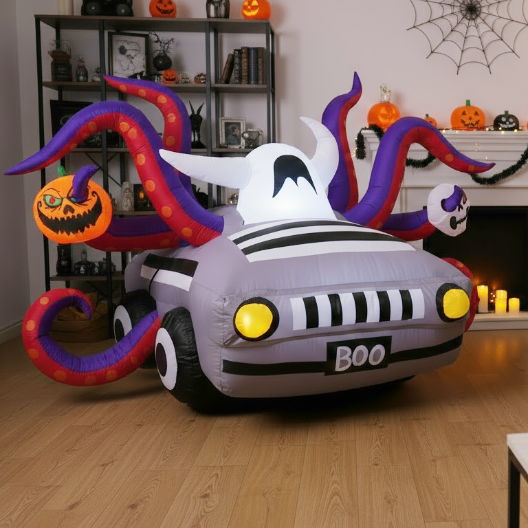 KRISRATE 10FT Halloween Inflatable Octopus Car with 8 Tentacles, LED Ghost Pumpkin Skull, Outdoor Indoor Yard Party Haunted House Decoration