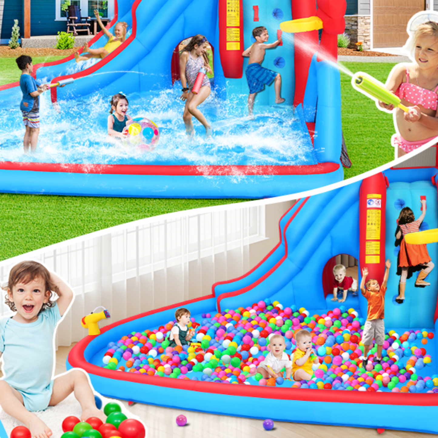 KRISRATE Inflatable Water Slide Bounce House, 14.2Ft Backyard 9-in-1 Outdoor Water Park with Pool, Long Slide, Climbing Wall, Basketball Hoop & Blower