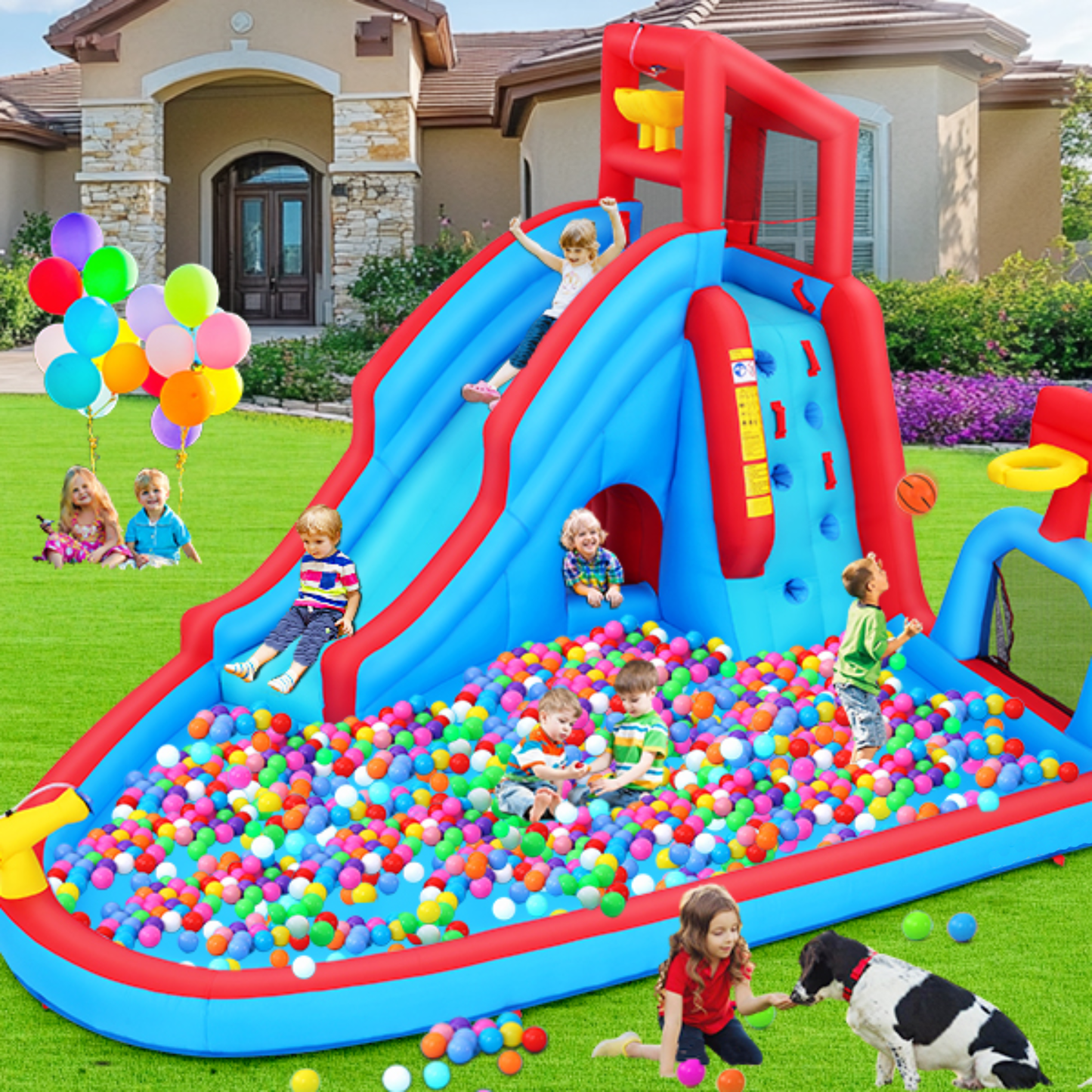 KRISRATE Inflatable Water Slide Bounce House, 14.2Ft Backyard 9-in-1 Outdoor Water Park with Pool, Long Slide, Climbing Wall, Basketball Hoop & Blower