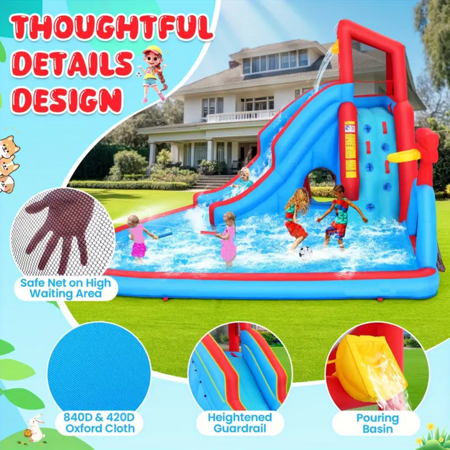KRISRATE Inflatable Water Slide Bounce House, 14.2Ft Backyard 9-in-1 Outdoor Water Park with Pool, Long Slide, Climbing Wall, Basketball Hoop & Blower