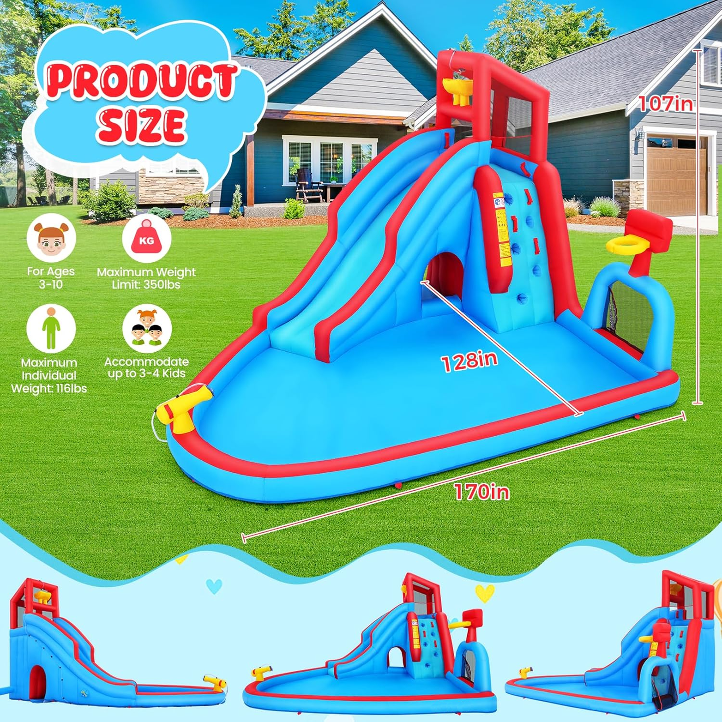 KRISRATE Inflatable Water Slide Bounce House, 14.2Ft Backyard 9-in-1 Outdoor Water Park with Pool, Long Slide, Climbing Wall, Basketball Hoop & Blower