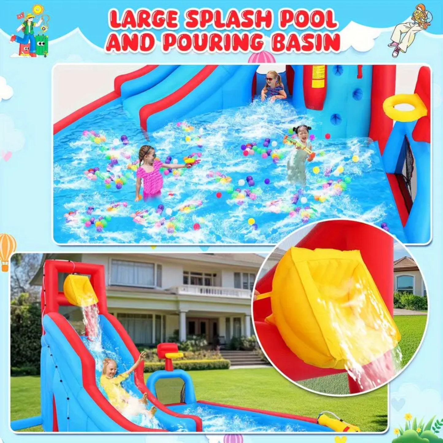 KRISRATE Inflatable Water Slide Bounce House, 14.2Ft Backyard 9-in-1 Outdoor Water Park with Pool, Long Slide, Climbing Wall, Basketball Hoop & Blower