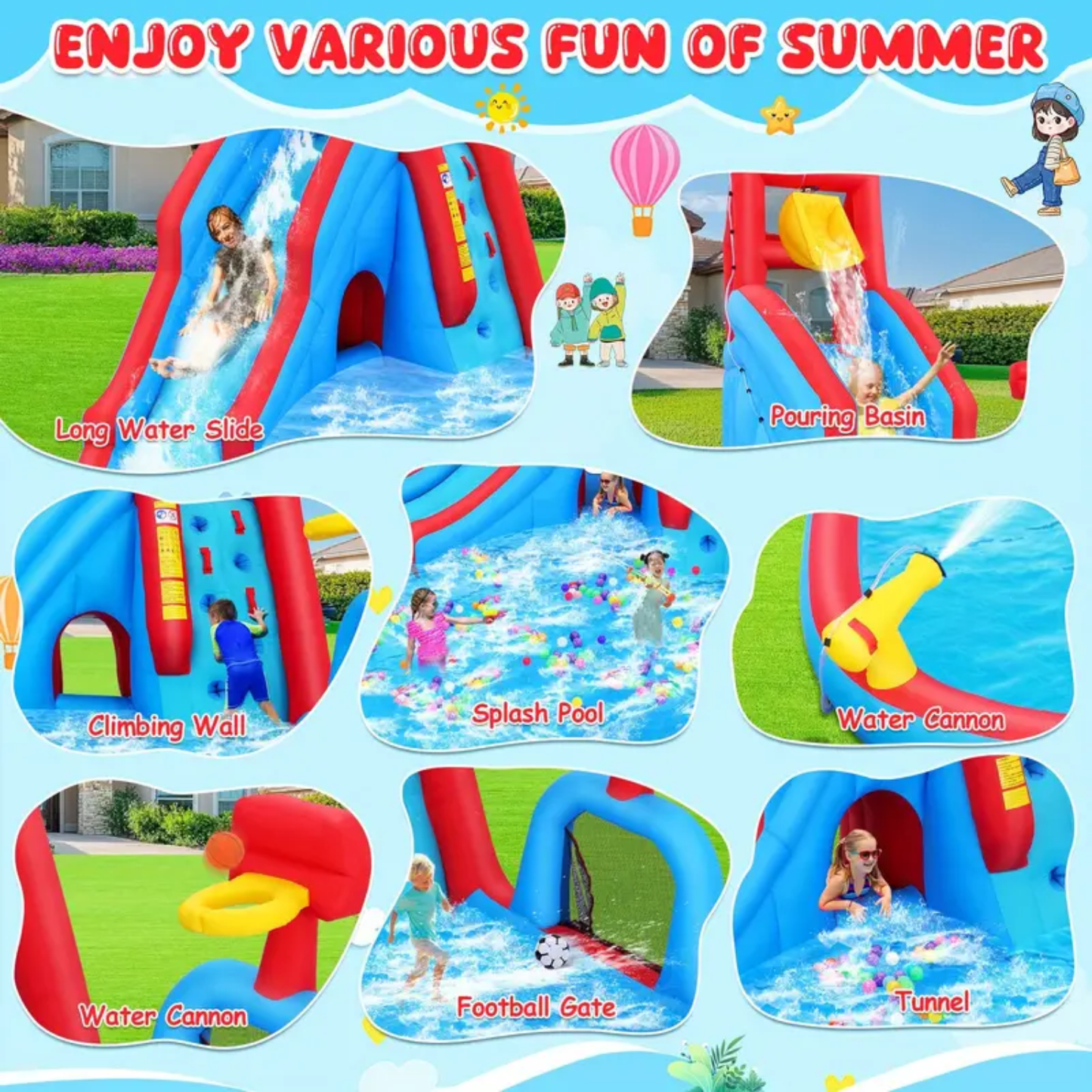 KRISRATE Inflatable Water Slide Bounce House, 14.2Ft Backyard 9-in-1 Outdoor Water Park with Pool, Long Slide, Climbing Wall, Basketball Hoop & Blower