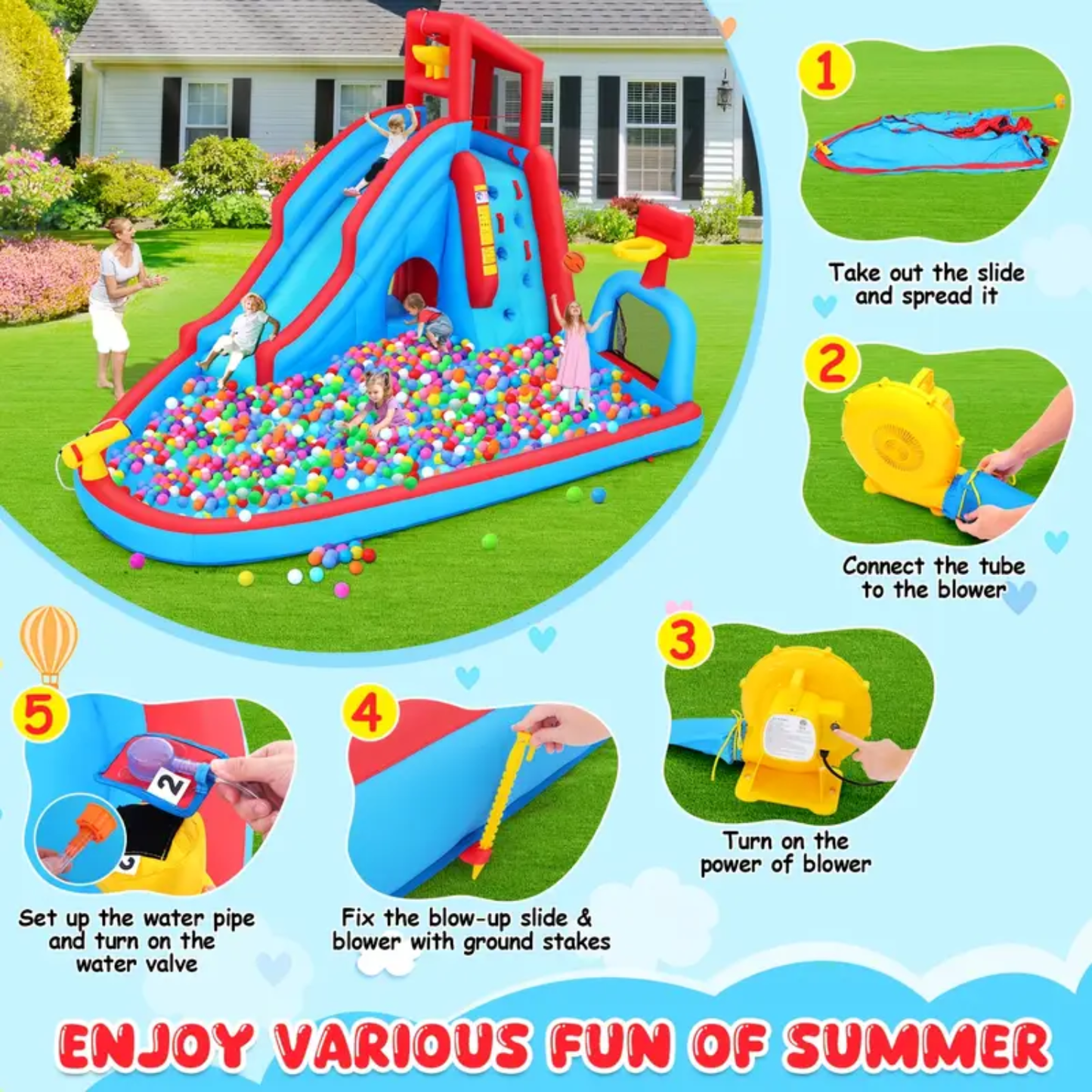 KRISRATE Inflatable Water Slide Bounce House, 14.2Ft Backyard 9-in-1 Outdoor Water Park with Pool, Long Slide, Climbing Wall, Basketball Hoop & Blower