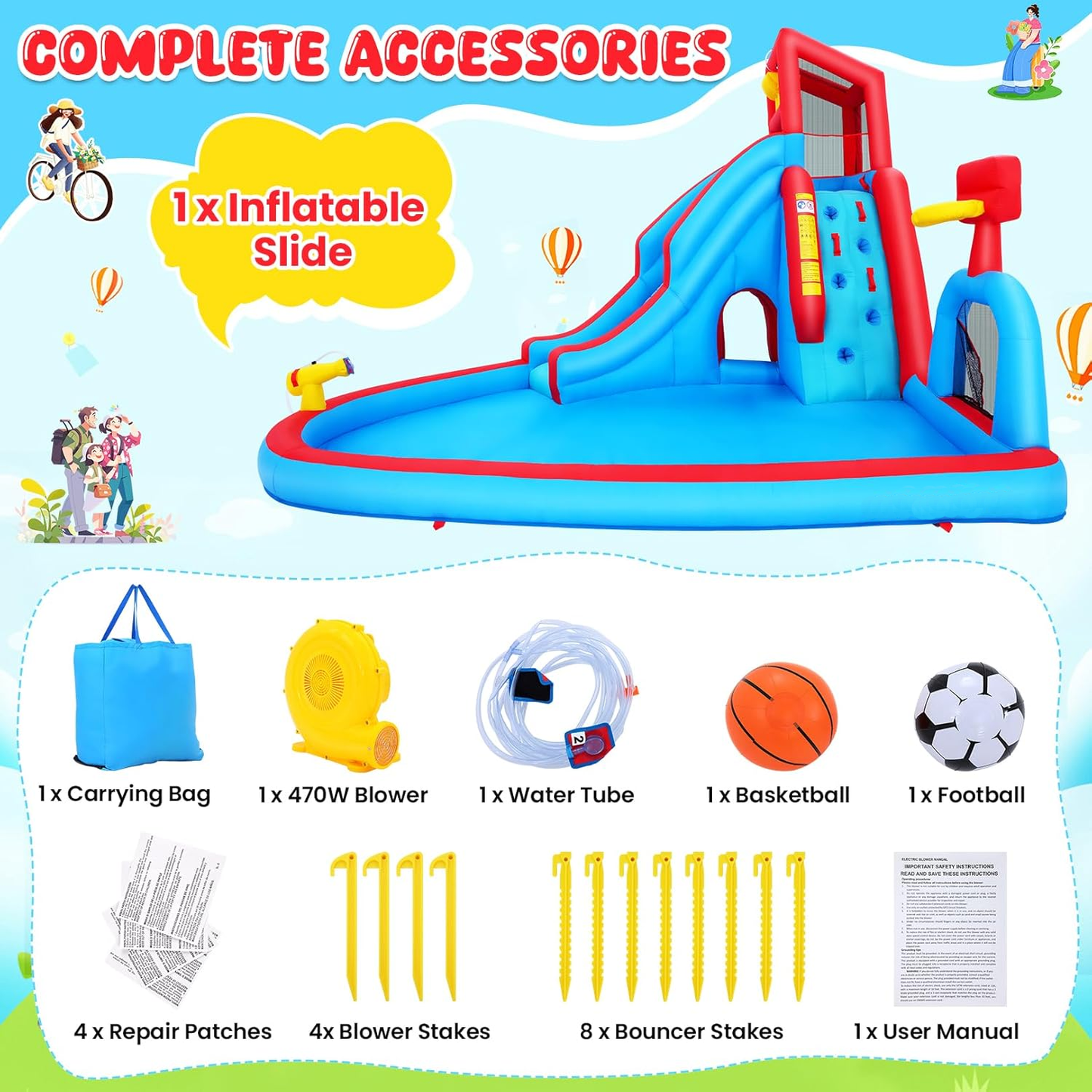 KRISRATE Inflatable Water Slide Bounce House, 14.2Ft Backyard 9-in-1 Outdoor Water Park with Pool, Long Slide, Climbing Wall, Basketball Hoop & Blower