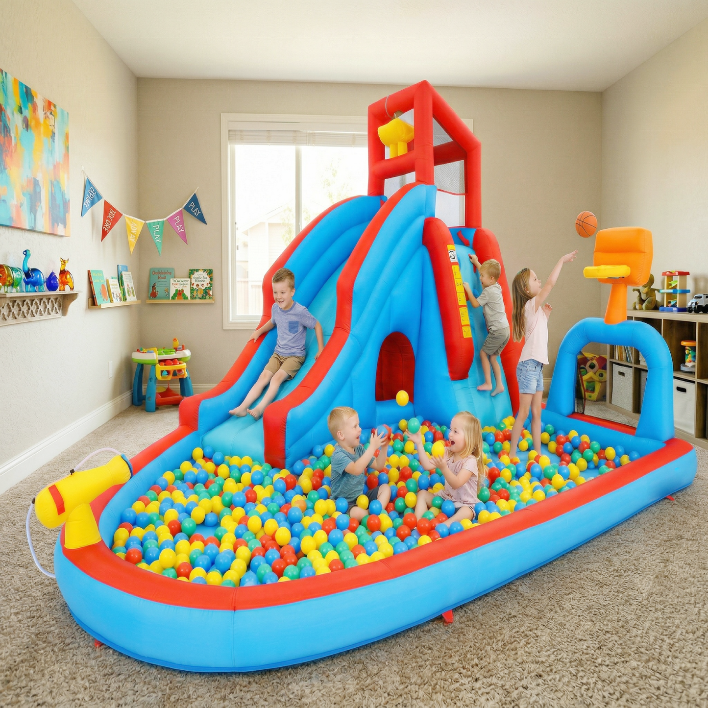 KRISRATE Inflatable Water Slide Bounce House, 14.2Ft Backyard 9-in-1 Outdoor Water Park with Pool, Long Slide, Climbing Wall, Basketball Hoop & Blower
