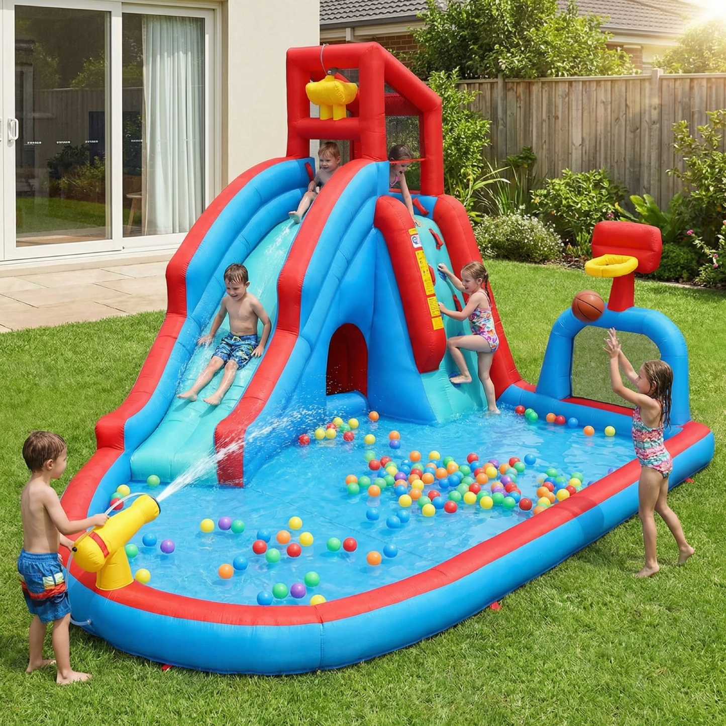 KRISRATE Inflatable Water Slide Bounce House, 14.2Ft Backyard 9-in-1 Outdoor Water Park with Pool, Long Slide, Climbing Wall, Basketball Hoop & Blower