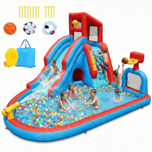 KRISRATE Inflatable Water Slide Bounce House, 14.2Ft Backyard 9-in-1 Outdoor Water Park with Pool, Long Slide, Climbing Wall, Basketball Hoop & Blower
