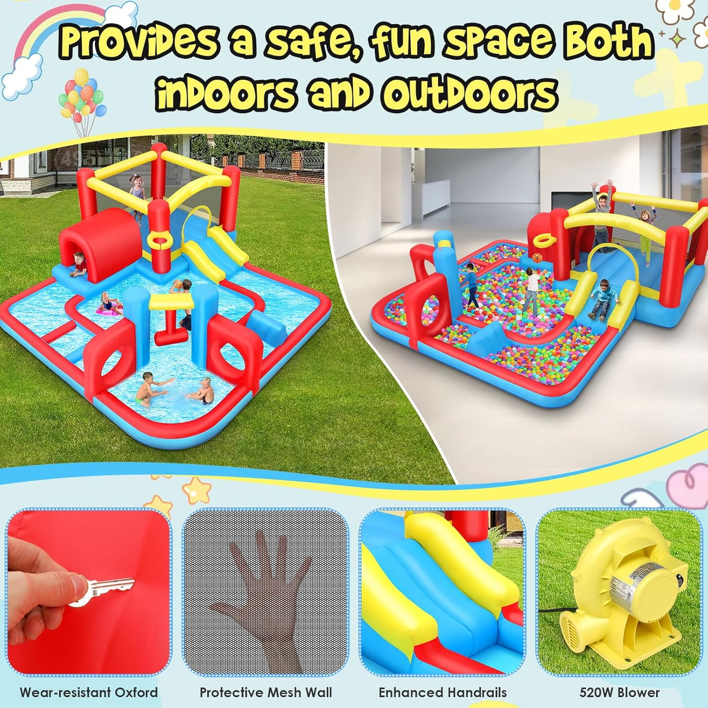 KRISRATE 14.3x14.3Ft Inflatable Water Slide Bounce House, 8-in-1 Obstacle Course Waterpark with Jump Area, Ball Pit, Tunnel, Basketball Hoop & Blower