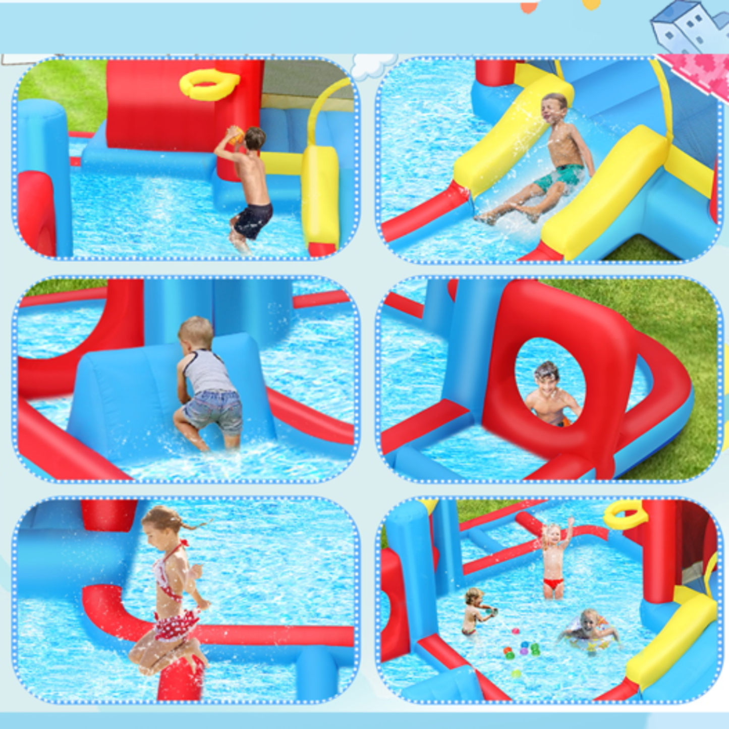 KRISRATE 14.3x14.3Ft Inflatable Water Slide Bounce House, 8-in-1 Obstacle Course Waterpark with Jump Area, Ball Pit, Tunnel, Basketball Hoop & Blower