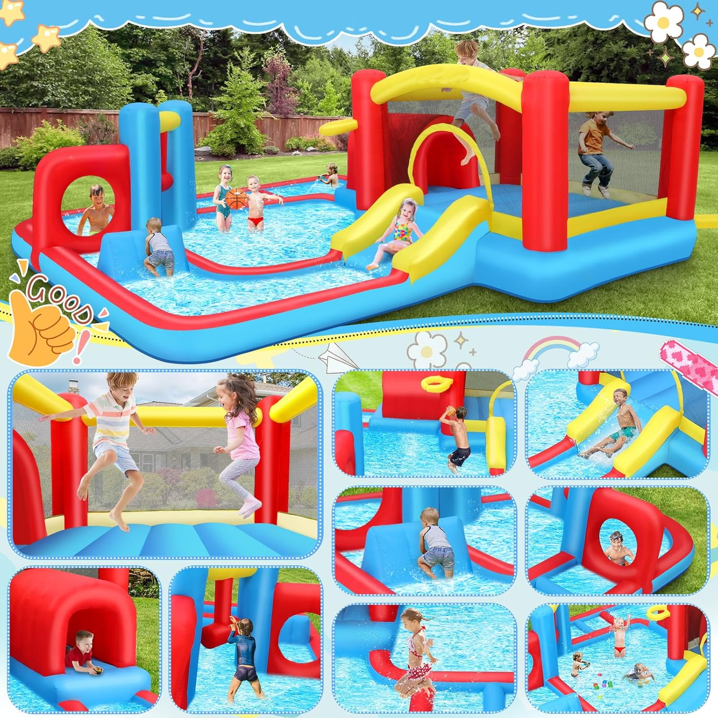 KRISRATE 14.3x14.3Ft Inflatable Water Slide Bounce House, 8-in-1 Obstacle Course Waterpark with Jump Area, Ball Pit, Tunnel, Basketball Hoop & Blower