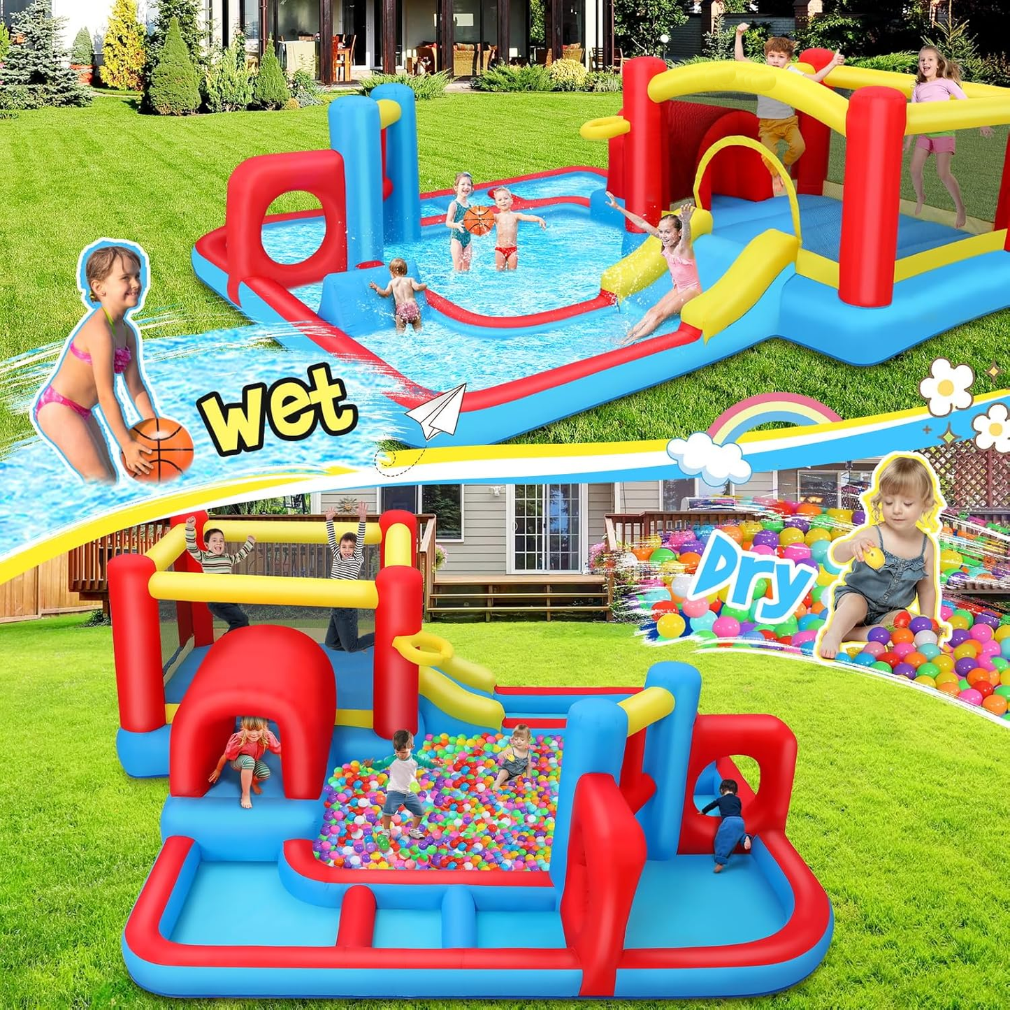 KRISRATE 14.3x14.3Ft Inflatable Water Slide Bounce House, 8-in-1 Obstacle Course Waterpark with Jump Area, Ball Pit, Tunnel, Basketball Hoop & Blower