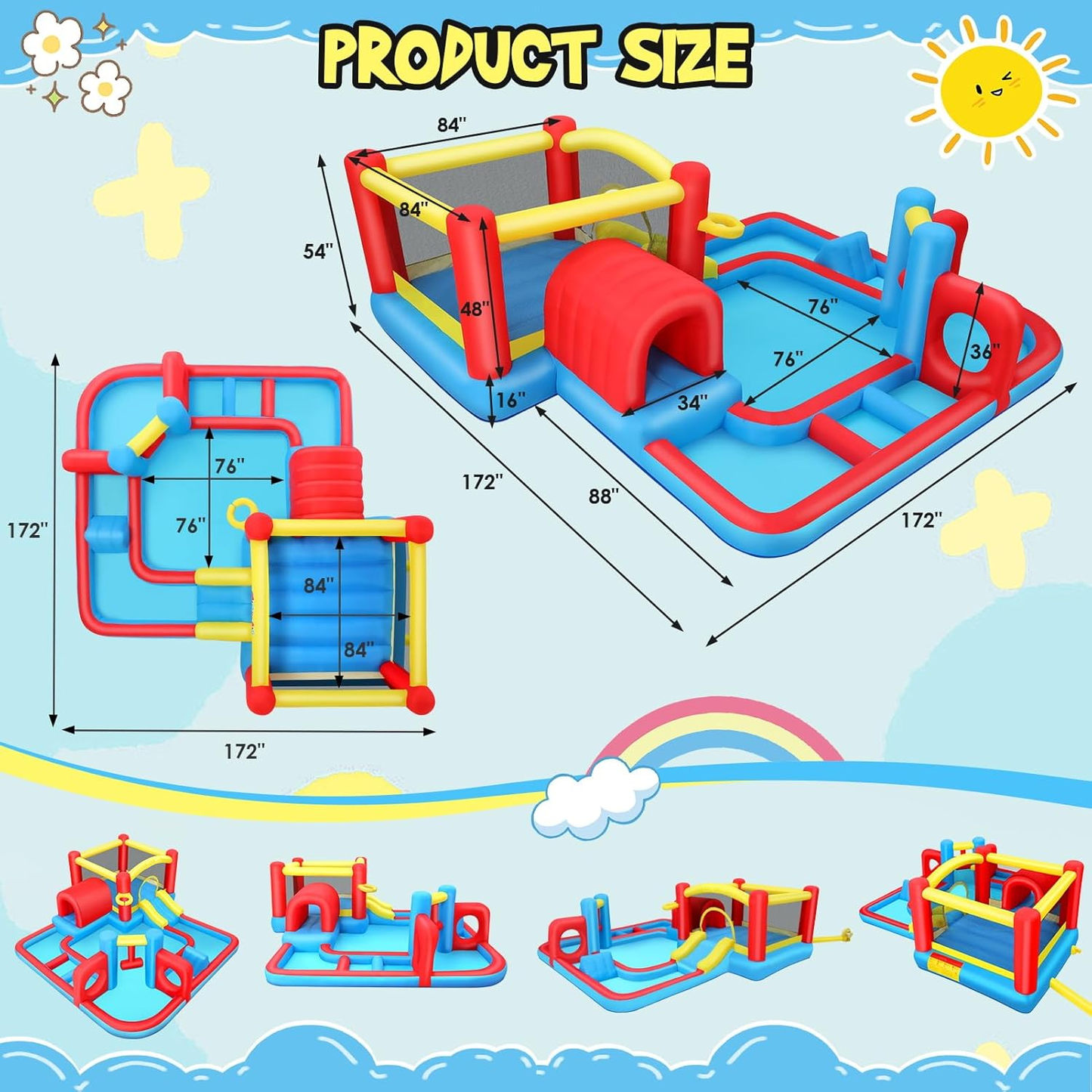 KRISRATE 14.3x14.3Ft Inflatable Water Slide Bounce House, 8-in-1 Obstacle Course Waterpark with Jump Area, Ball Pit, Tunnel, Basketball Hoop & Blower