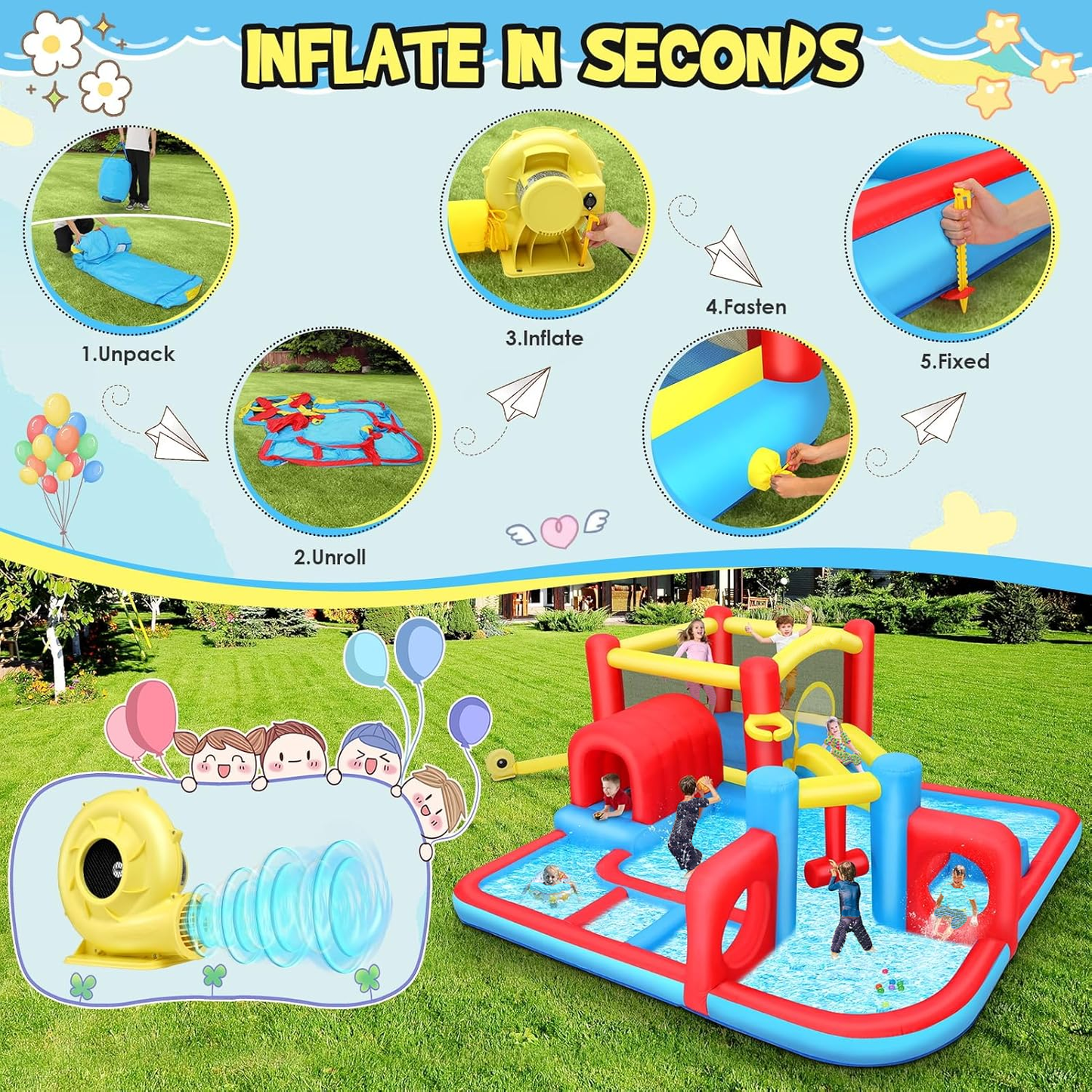 KRISRATE 14.3x14.3Ft Inflatable Water Slide Bounce House, 8-in-1 Obstacle Course Waterpark with Jump Area, Ball Pit, Tunnel, Basketball Hoop & Blower