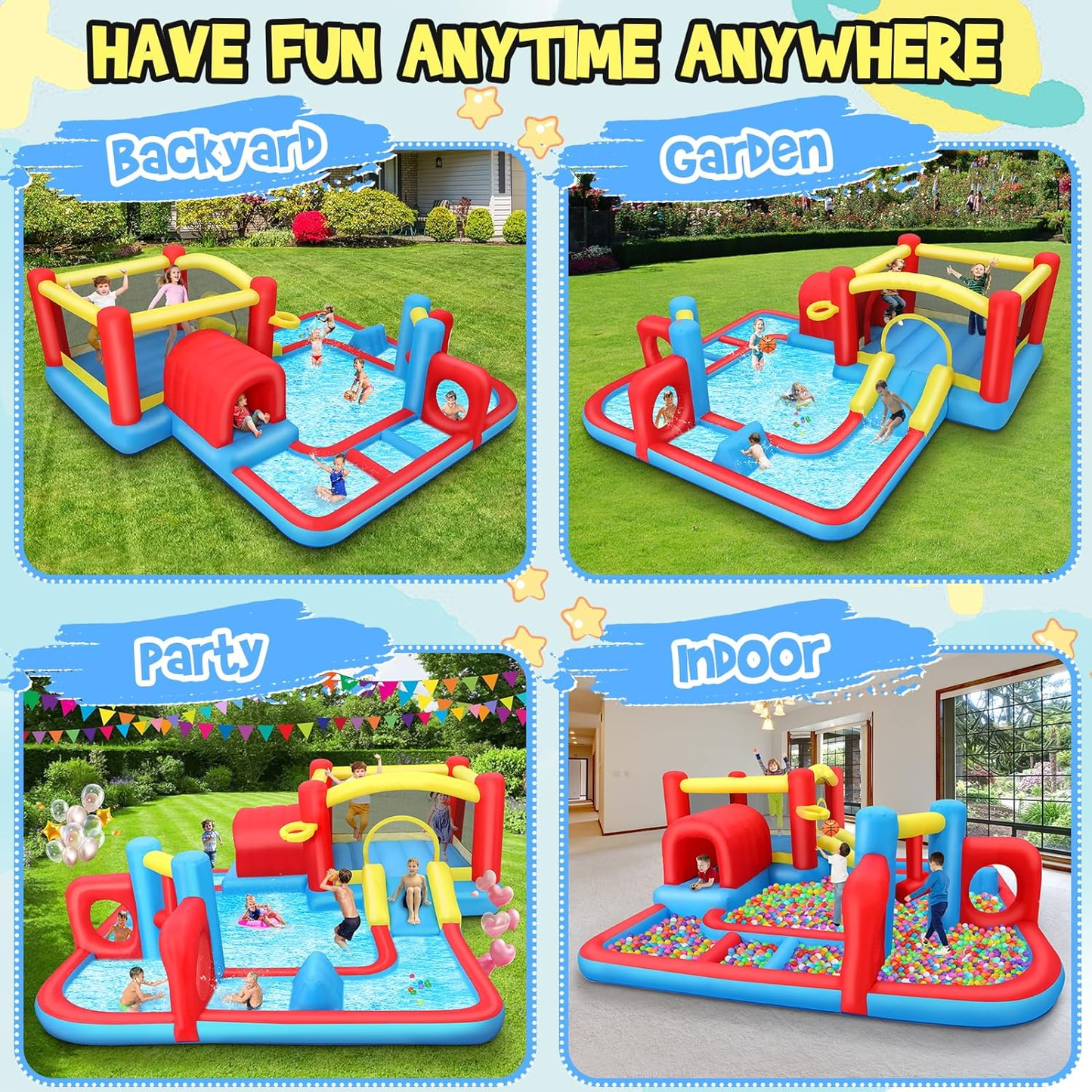 KRISRATE 14.3x14.3Ft Inflatable Water Slide Bounce House, 8-in-1 Obstacle Course Waterpark with Jump Area, Ball Pit, Tunnel, Basketball Hoop & Blower