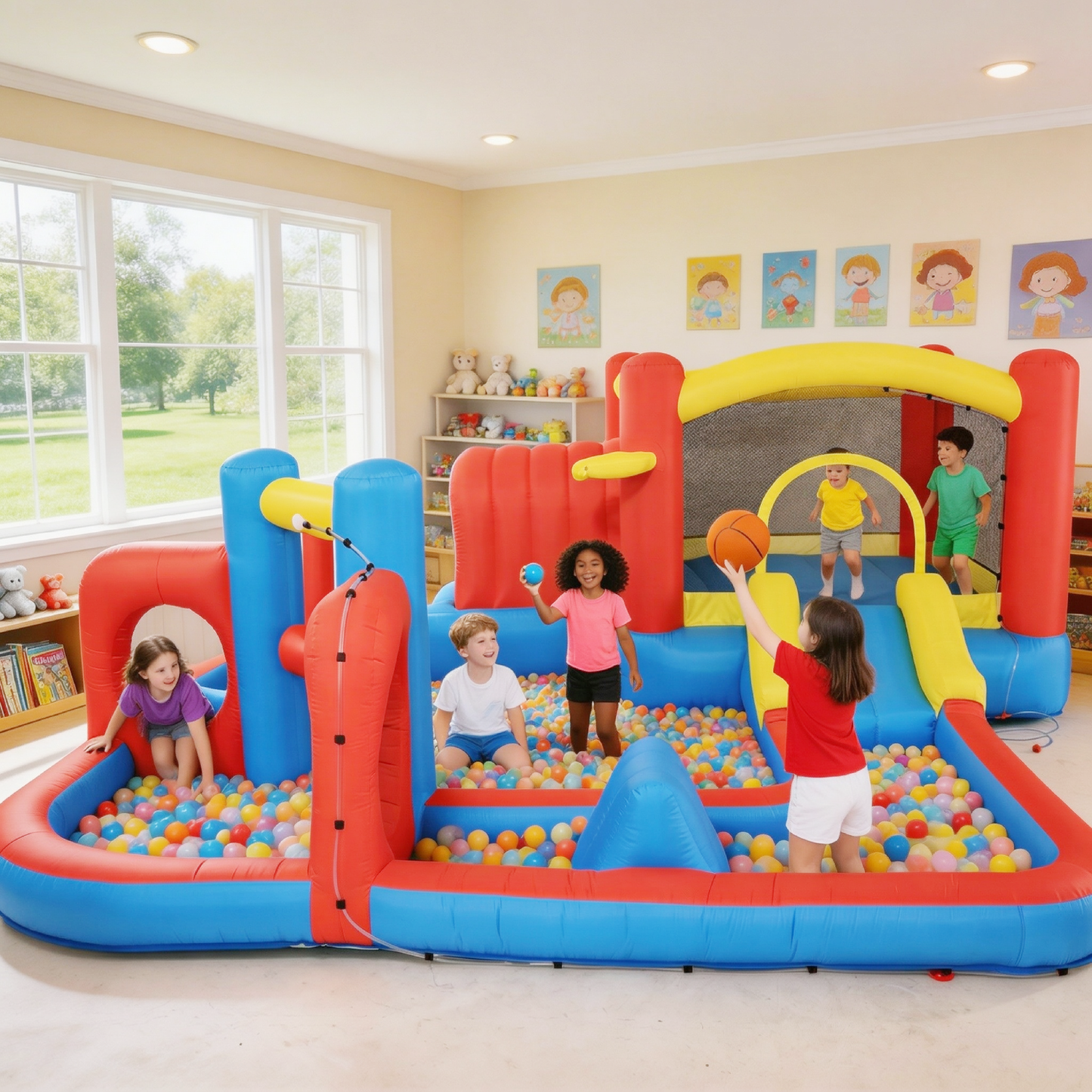 KRISRATE 14.3x14.3Ft Inflatable Water Slide Bounce House, 8-in-1 Obstacle Course Waterpark with Jump Area, Ball Pit, Tunnel, Basketball Hoop & Blower