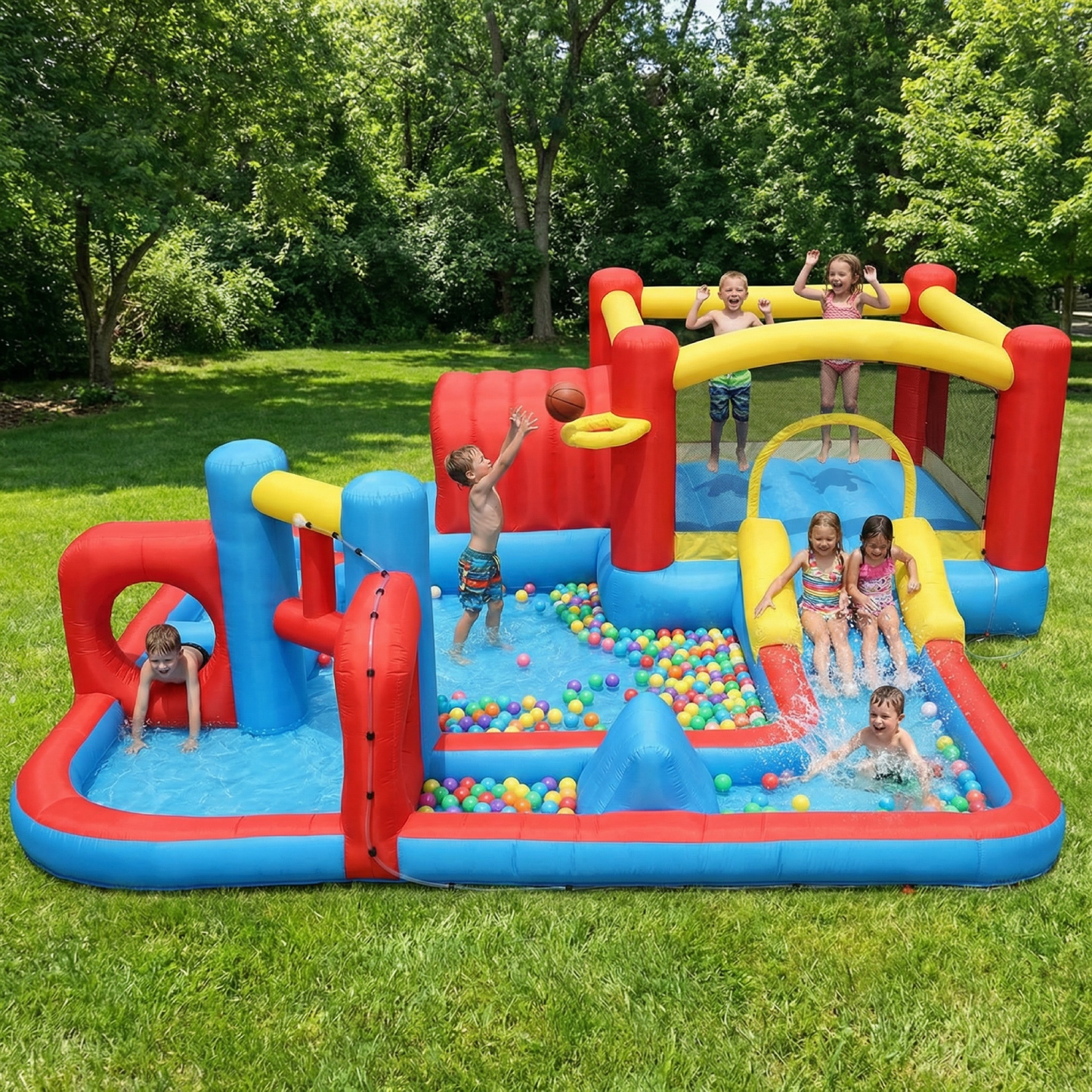 KRISRATE 14.3x14.3Ft Inflatable Water Slide Bounce House, 8-in-1 Obstacle Course Waterpark with Jump Area, Ball Pit, Tunnel, Basketball Hoop & Blower