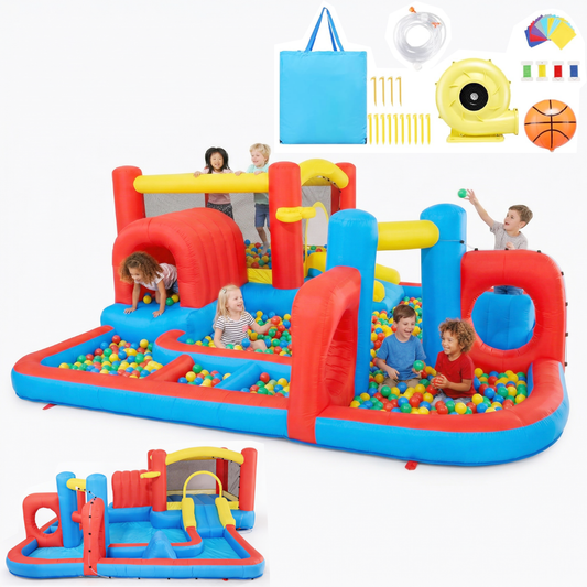 KRISRATE 14.3x14.3Ft Inflatable Water Slide Bounce House, 8-in-1 Obstacle Course Waterpark with Jump Area, Ball Pit, Tunnel, Basketball Hoop & Blower