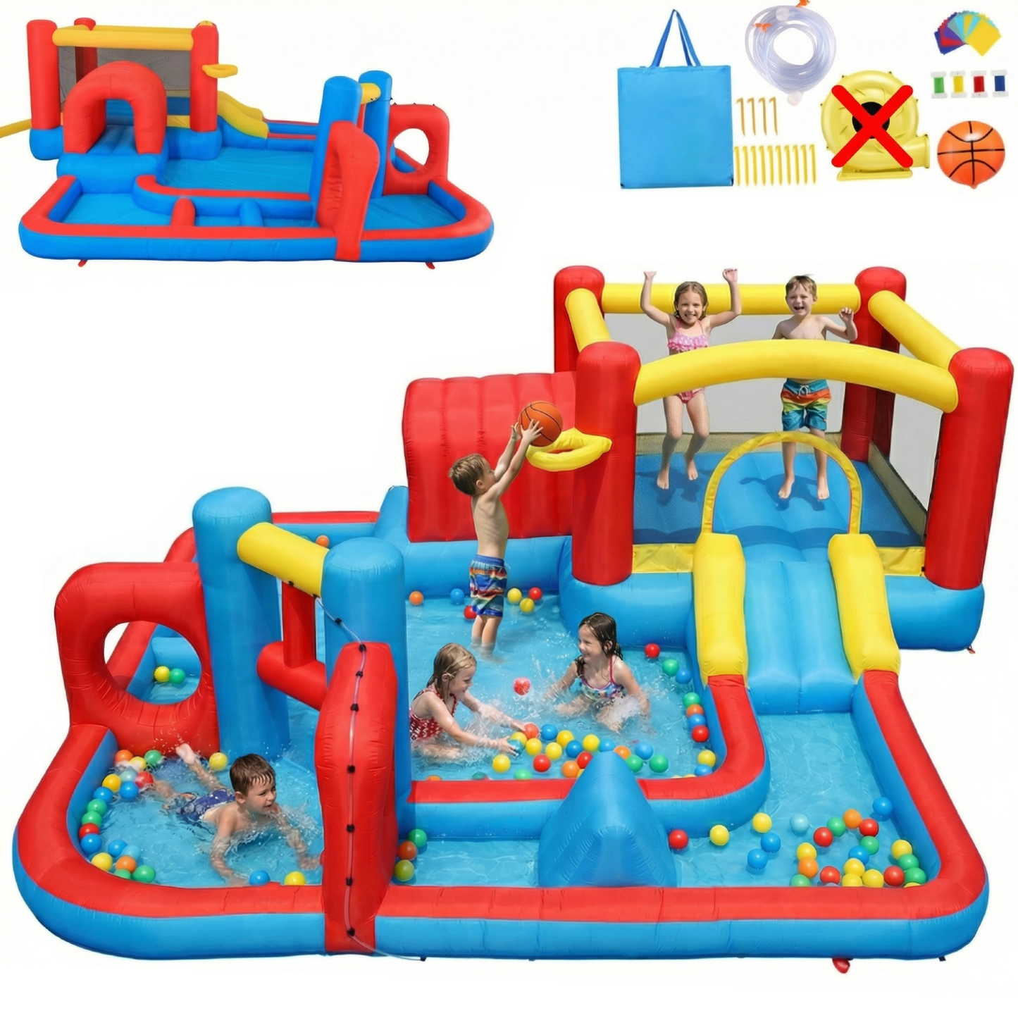 KRISRATE 14.3x14.3Ft Inflatable Water Slide Bounce House, 8-in-1 Obstacle Course Waterpark with Jump Area, Ball Pit, Tunnel, Basketball Hoop & Blower