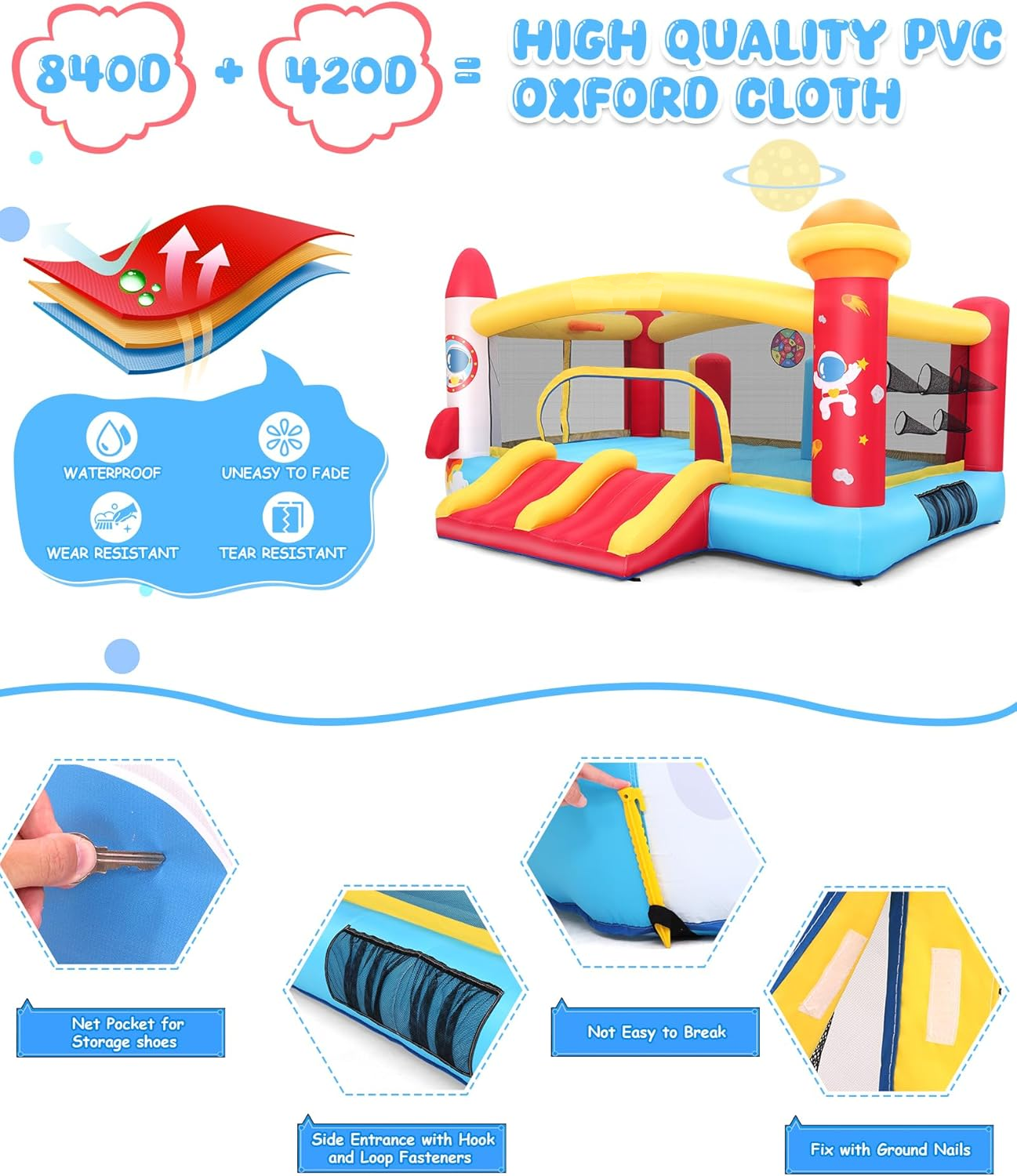 KRISRATE Large Inflatable Bounce House 13×11FT, Bouncy Castle with Double Slide, Basketball Hoops & Obstacle Course, Big Jump Area with 550W Blower